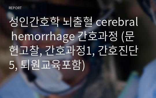 성인간호학 뇌출혈 cerebral hemorrhage 간호과정 (문헌고찰, 간호과정1, 간호진단5, 퇴원교육포함)