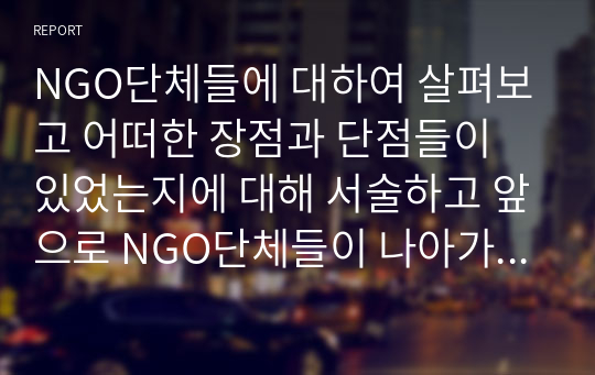 NGO단체들에 대하여 살펴보고 어떠한 장점과 단점들이 있었는지에 대해 서술하고 앞으로 NGO단체들이 나아가야 할 방향에 대하여 자신의 생각을 서술하시오