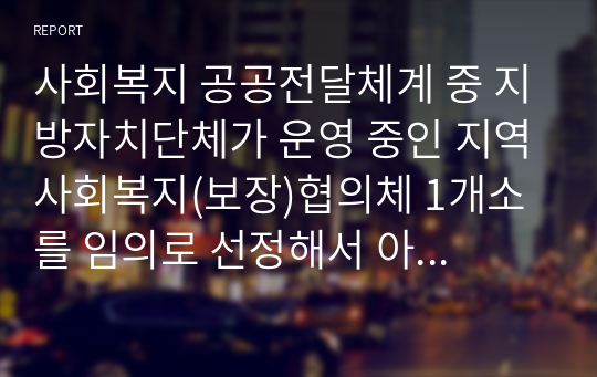 사회복지 공공전달체계 중 지방자치단체가 운영 중인 지역사회복지(보장)협의체 1개소를 임의로 선정해서 아래의 형식