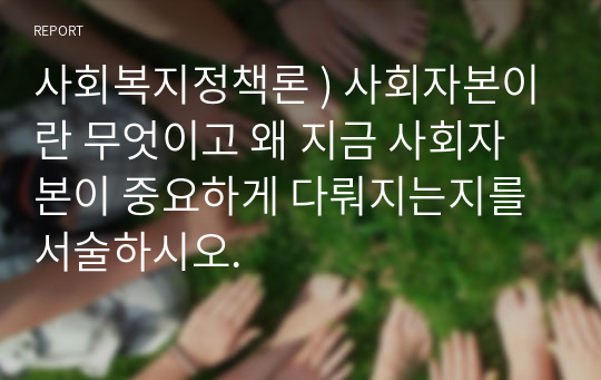 사회복지정책론 ) 사회자본이란 무엇이고 왜 지금 사회자본이 중요하게 다뤄지는지를 서술하시오.