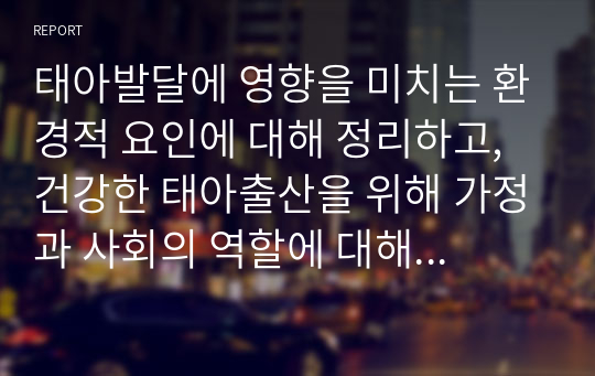 태아발달에 영향을 미치는 환경적 요인에 대해 정리하고, 건강한 태아출산을 위해 가정과 사회의 역할에 대해 논의하시오.