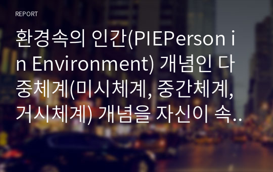 환경속의 인간(PIEPerson in Environment) 개념인 다중체계(미시체계, 중간체계, 거시체계) 개념을 자신이 속해 있는 체계들