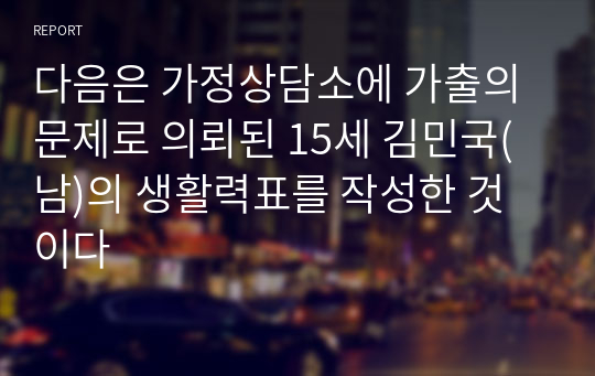 다음은 가정상담소에 가출의 문제로 의뢰된 15세 김민국(남)의 생활력표를 작성한 것이다