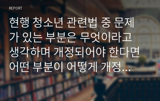 현행 청소년 관련법 중 문제가 있는 부분은 무엇이라고 생각하며 개정되어야 한다면 어떤 부분이 어떻게 개정되어야 하는지 기술하시오.