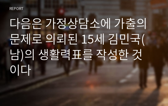 다음은 가정상담소에 가출의 문제로 의뢰된 15세 김민국(남)의 생활력표를 작성한 것이다