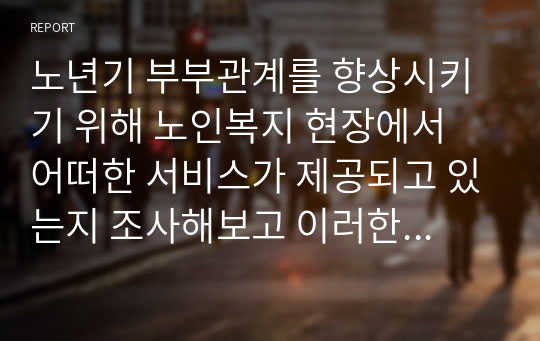 노년기 부부관계를 향상시키기 위해 노인복지 현장에서 어떠한 서비스가 제공되고 있는지 조사해보고 이러한 서비스의 문제점과 개선방안