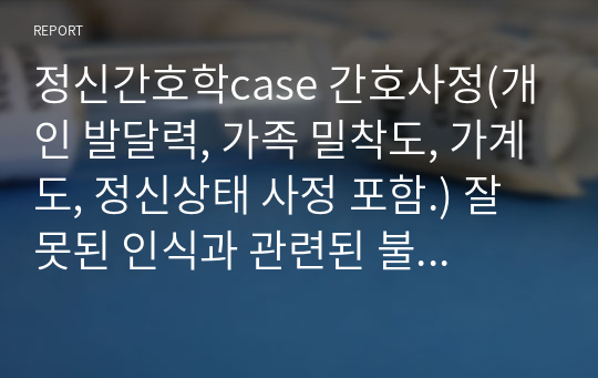 정신간호학case 간호사정(개인 발달력, 가족 밀착도, 가계도, 정신상태 사정 포함.) 잘못된 인식과 관련된 불안, 자존감 저하와 관련된 상호작용 장애 SCHIZOAFFECTIVE DISORDER  (조현정동장애)