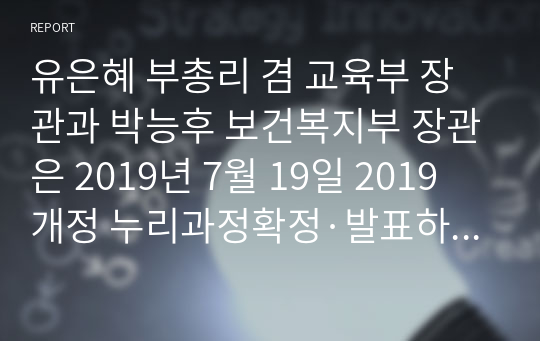 유은혜 부총리 겸 교육부 장관과 박능후 보건복지부 장관은 2019년 7월 19일 2019 개정 누리과정확정·발표하였습니다. 개정 누리과정의 배경과, 바뀐 내용들을 중심으로 내용을 조사하고 개정 내용이 앞으로 유아보육에 미칠 영향에 대해 정리하세요