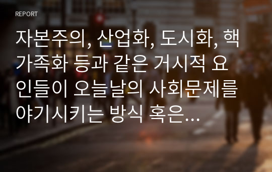 자본주의, 산업화, 도시화, 핵가족화 등과 같은 거시적 요인들이 오늘날의 사회문제를 야기시키는 방식 혹은 경로에 대해 설명