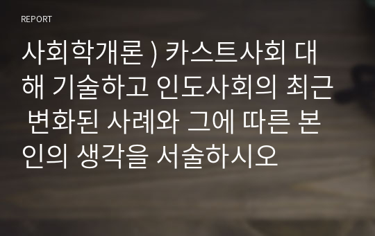 사회학개론 ) 카스트사회 대해 기술하고 인도사회의 최근 변화된 사례와 그에 따른 본인의 생각을 서술하시오