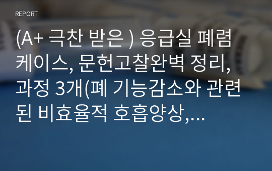 (A+ 극찬 받은 ) 응급실 폐렴케이스, 문헌고찰완벽 정리, 과정 3개(폐 기능감소와 관련된 비효율적 호흡양상, 질병과 관련된 고체온, 부동과 관련된 피부손상) 진단 7개 (많아요)