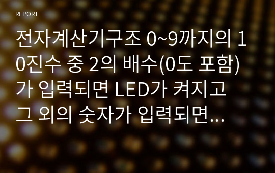 전자계산기구조 0~9까지의 10진수 중 2의 배수(0도 포함)가 입력되면 LED가 켜지고 그 외의 숫자가 입력되면 LED가 꺼지는 논리회로를 진리표로 표현하고 Boolean Algebra를 사용하여 간소화한 후 논리회로를 도시하시오. 이 때 논리항은 2개로 제한하며 각 항의 입력 변수는 3개를 넘지 못한다.