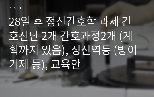 28일 후 정신간호학 과제 간호진단 2개 간호과정2개 (계획까지 있음), 정신역동 (방어기제 등), 교육안