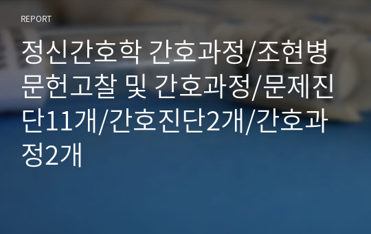 정신간호학 간호과정/조현병 문헌고찰 및 간호과정/문제진단11개/간호진단2개/간호과정2개