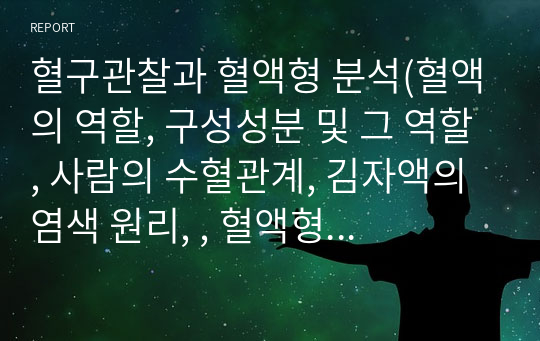 혈구관찰과 혈액형 분석(혈액의 역할, 구성성분 및 그 역할, 사람의 수혈관계, 김자액의 염색 원리, , 혈액형 분석 실험, 사람의 혈구 관찰실험)