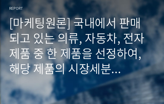 [마케팅원론] 국내에서 판매되고 있는 의류, 자동차, 전자제품 중 한 제품을 선정하여, 해당 제품의 시장세분화, 표적시장 선정, 포지셔닝을 각 단계별로 설명하시오.