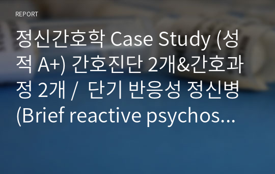 정신간호학 Case Study (성적 A+) 간호진단 2개&amp;간호과정 2개 /  단기 반응성 정신병(Brief reactive psychosis) case입니다