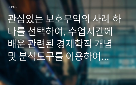 관심있는 보호무역의 사례 하나를 선택하여, 수업시간에 배운 관련된 경제학적 개념 및 분석도구를 이용하여 설명하고 그에 대한 자신의 의견을 논리적으로 서술하시오