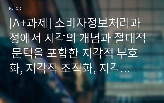 [A+과제] 소비자정보처리과정에서 지각의 개념과 절대적 문턱을 포함한 지각적 부호화, 지각적 조직화, 지각적 범주화에 대하여 설명하시오.