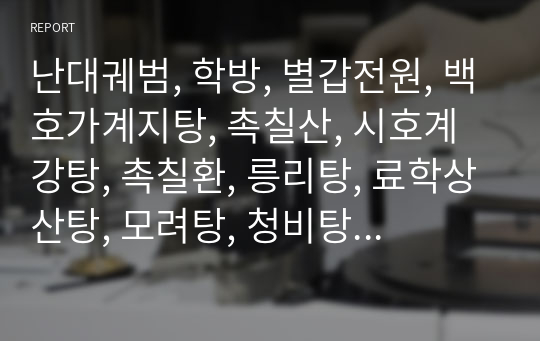 난대궤범, 학방, 별갑전원, 백호가계지탕, 촉칠산, 시호계강탕, 촉칠환, 릉리탕, 료학상산탕, 모려탕, 청비탕, 상산음, 오매인자, 사수탕.hwp