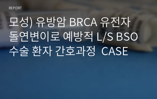 모성) 유방암 BRCA 유전자 돌연변이로 예방적 L/S BSO수술 환자 간호과정  CASE