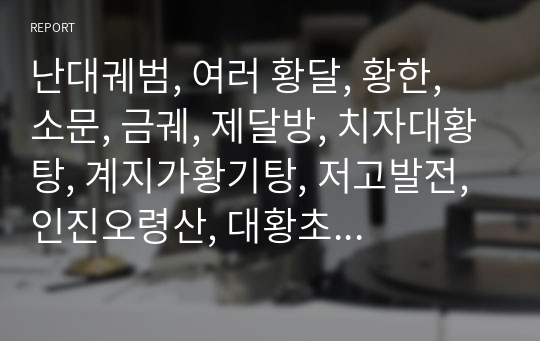 난대궤범, 여러 황달, 황한, 소문, 금궤, 제달방, 치자대황탕, 계지가황기탕, 저고발전, 인진오령산, 대황초석탕, 마황순주탕, 황달방, 적령산, 한수석산, 여로달, 우담전, 구급삼십종황방, 료황달방, 근효과체산, 마황연교적소두탕, 황기작약계지고주탕.hwp