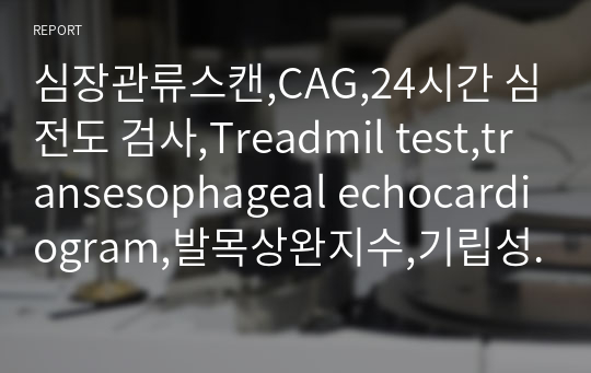 심장관류스캔,CAG,24시간 심전도 검사,Treadmil test,transesophageal echocardiogram,발목상완지수,기립성 경사도 검사