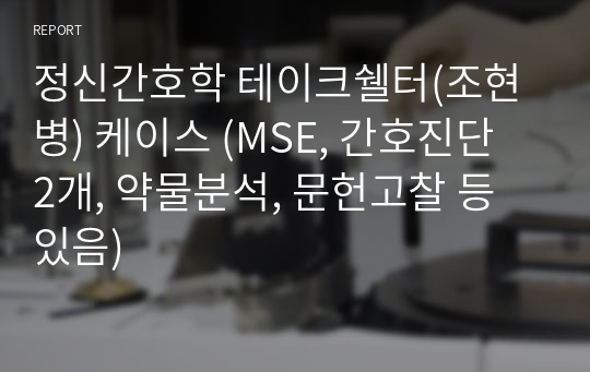 정신간호학 테이크쉘터(조현병) 케이스 (MSE, 간호진단 2개, 약물분석, 문헌고찰 등 있음)