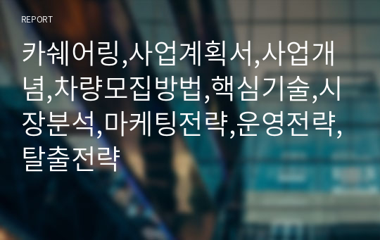 카쉐어링,사업계획서,사업개념,차량모집방법,핵심기술,시장분석,마케팅전략,운영전략,탈출전략