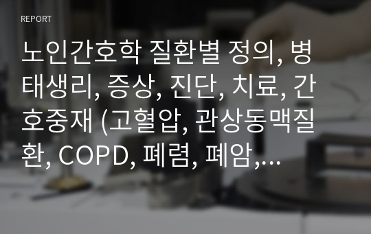 노인간호학 질환별 정의, 병태생리, 증상, 진단, 치료, 간호중재 (고혈압, 관상동맥질환, COPD, 폐렴, 폐암, 요로감염, 신부전, BPH, 위장관 및 대장질환, 간.담관질환, 골다공증, 퇴행성 관절염, 류마티스성 관절염, 당뇨병, 갑상선 질환, 뇌졸중, 파킨슨병, 피부암, 대상포진, 백내장, 녹내장, 노인성 난청, 이명)