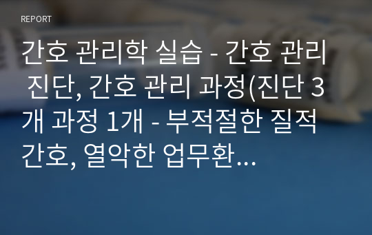 간호 관리학 실습 - 간호 관리 진단, 간호 관리 과정(진단 3개 과정 1개 - 부적절한 질적간호, 열악한 업무환경, 비효과적 자원관리), 간호 관리 가상케이스