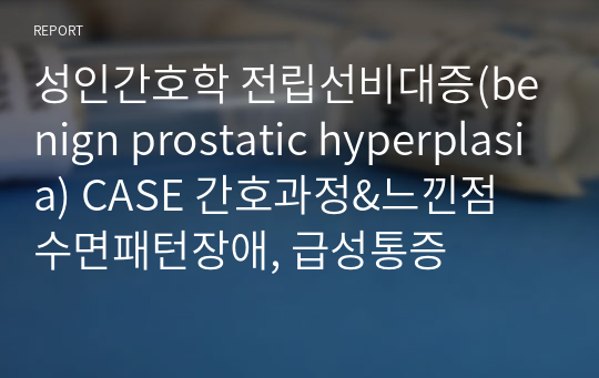 성인간호학 전립선비대증(benign prostatic hyperplasia) CASE 간호과정&amp;느낀점 수면패턴장애, 급성통증