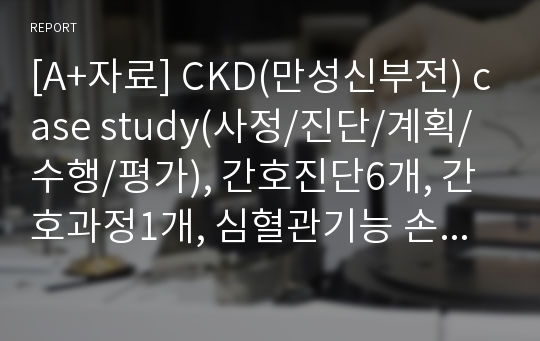 [A+자료] CKD(만성신부전) case study(사정/진단/계획/수행/평가), 간호진단6개, 간호과정1개, 심혈관기능 손상의 위험, 성인간호학실습 case