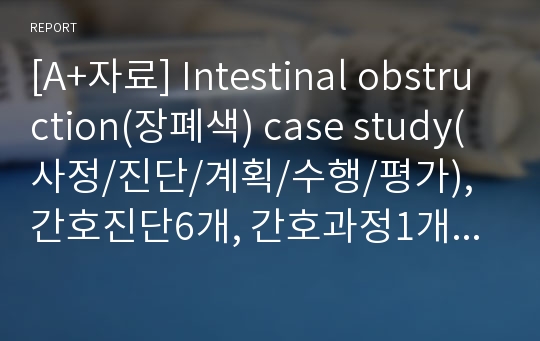 [A+자료] Intestinal obstruction(장폐색) case study(사정/진단/계획/수행/평가), 간호진단6개, 간호과정1개, 오심/구토성인간호학실습 case