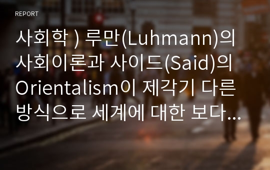사회학 ) 루만(Luhmann) 사회이론 사이드(Said) Orientalism 제각기 다른 방식 세계에 대한 보다 심층적인 이해 가능하게 했다면, 과연 그것은 무엇