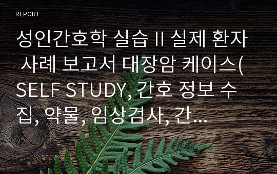 성인간호학 실습 II 실제 환자 사례 보고서 대장암 케이스(SELF STUDY, 간호 정보 수집, 약물, 임상검사, 간호진단 2개 각 3일치 과정 전부 포함)  최소 A는 넘깁니다!!