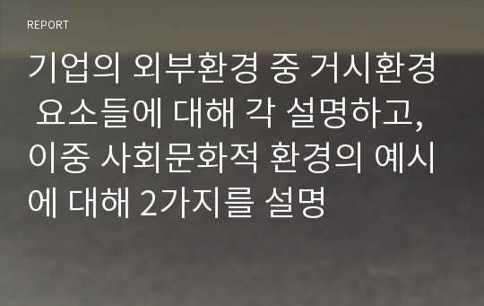 기업의 외부환경 중 거시환경 요소들에 대해 각 설명하고, 이중 사회문화적 환경의 예시에 대해 2가지를 설명