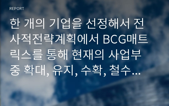 한 개의 기업을 선정해서 전사적전략계획에서 BCG매트릭스를 통해 현재의 사업부 중 확대, 유지, 수확, 철수전략을 필수 있는 사업부로 나누고 성장전략 중 어떤 전략을 필수 있으며 경쟁전략 중 어떤 전략을 필 수 있는지 서술해 보시오.