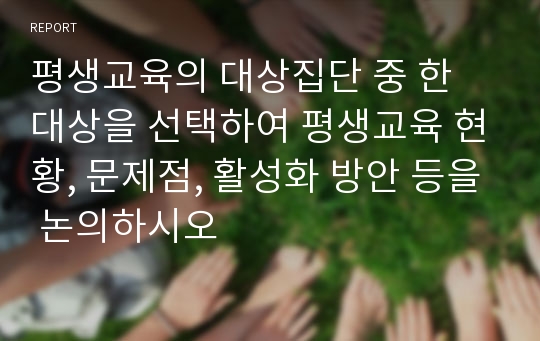 평생교육의 대상집단 중 한 대상을 선택하여 평생교육 현황, 문제점, 활성화 방안 등을 논의하시오