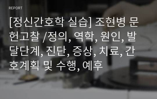 [정신간호학 실습] 조현병 문헌고찰 /정의, 역학, 원인, 발달단계, 진단, 증상, 치료, 간호계획 및 수행, 예후