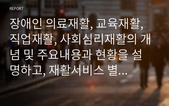 장애인 의료재활, 교육재활, 직업재활, 사회심리재활의 개념 및 주요내용과 현황을 설명하고, 재활서비스 별 문제점과 개선방안