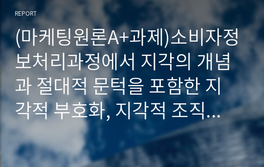 (마케팅원론A+과제)소비자정보처리과정에서 지각의 개념과 절대적 문턱을 포함한 지각적 부호화, 지각적 조직화, 지각적 범주화에 대하여 설명하시오.