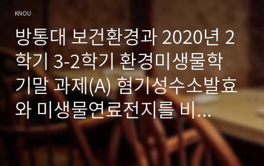 방통대 보건환경과 2020년 2학기 3-2학기 환경미생물학 기말 과제(A) 혐기성수소발효와 미생물연료전지를 비교에 대한 내용입니다.