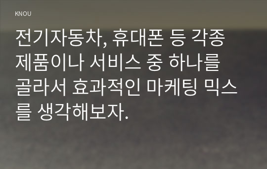 전기자동차, 휴대폰 등 각종 제품이나 서비스 중 하나를 골라서 효과적인 마케팅 믹스를 생각해보자.