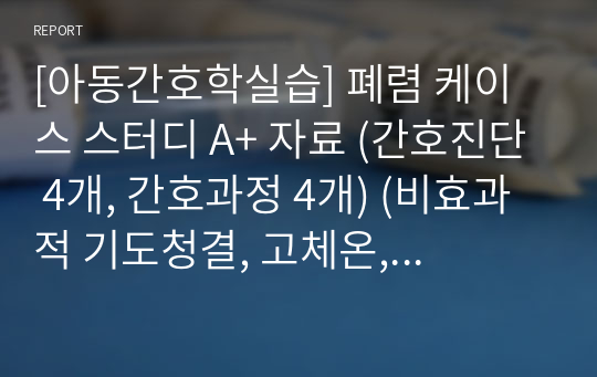 [아동간호학실습] 폐렴 케이스 스터디 A+ 자료 (간호진단 4개, 간호과정 4개) (비효과적 기도청결, 고체온, 체액부족의 위험성, 수면양상장애)