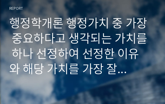 행정학개론 행정가치 중 가장 중요하다고 생각되는 가치를 하나 선정하여 선정한 이유와 해당 가치를 가장 잘 반영하고 있는 구체적인 행정사례를 제시하여 논리적으로 설명하시오.