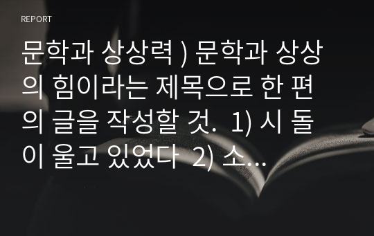 문학과 상상력 ) 문학과 상상의 힘이라는 제목으로 한 편의 글을 작성할 것.  1) 시 돌이 울고 있었다  2) 소설 우리 시대의 소설가