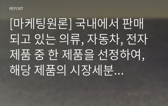 [마케팅원론] 국내에서 판매되고 있는 의류, 자동차, 전자제품 중 한 제품을 선정하여, 해당 제품의 시장세분화, 표적시장 선정, 포지셔닝을 각 단계별로 설명하시오.