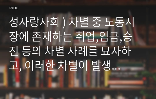 성사랑사회 ) 차별 중 노동시장에 존재하는 취업,임금,승진 등의 차별 사례를 묘사하고, 이러한 차별이 발생하는 제도 또는 문화적 요인을 설명하시오.