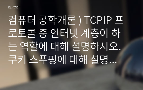 컴퓨터 공학개론 ) TCPIP 프로토콜 중 인터넷 계층이 하는 역할에 대해 설명하시오. 쿠키 스푸핑에 대해 설명하시오. 비밀키 암호화 기법과 공개키 암호화 기법의 차이를 설명하시오.